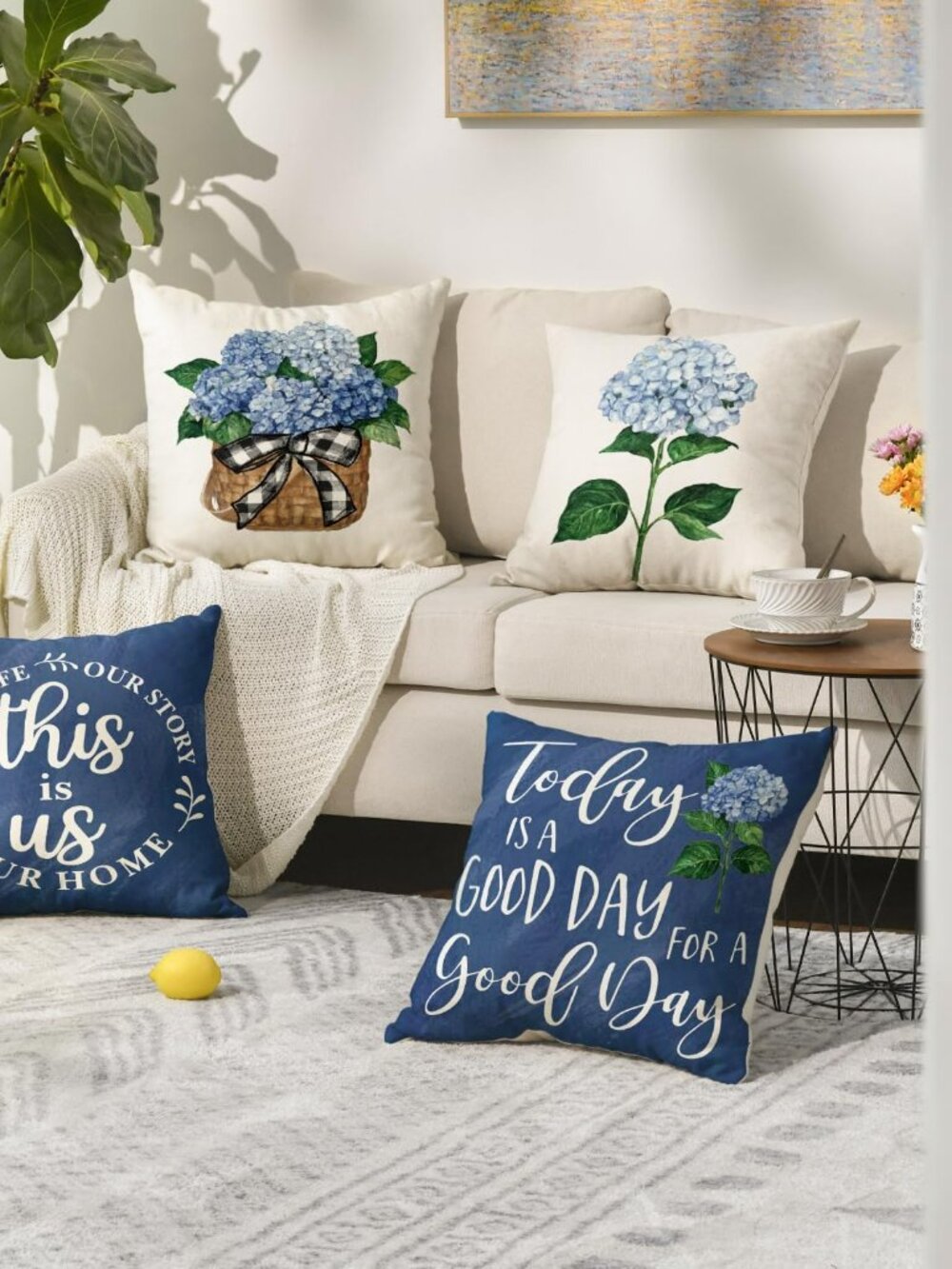 4 Throw Pillow Covers Blue Hydrangea Summer 18x18 Today is a Good Day This is Us